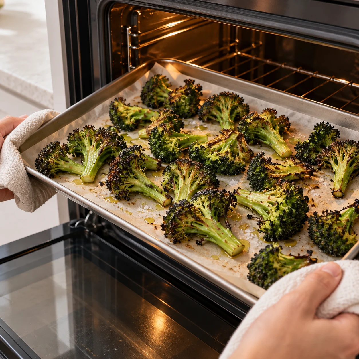 Brocoli rôti aux pointes brunies sur sa plaque, tiges vertes.
