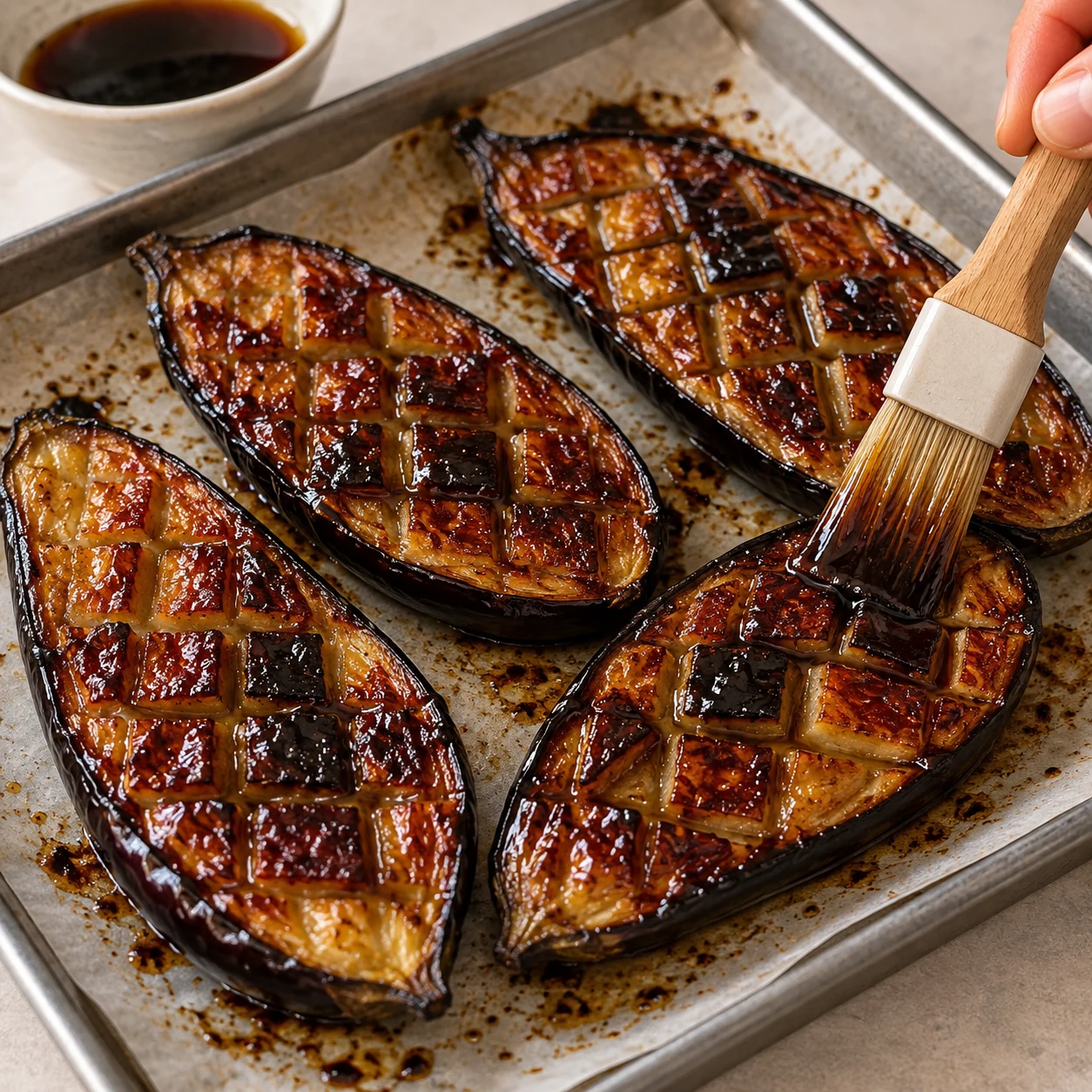 Pinceau déposant une petite quantité de laque sur une aubergine déjà rôtie quadrillée.