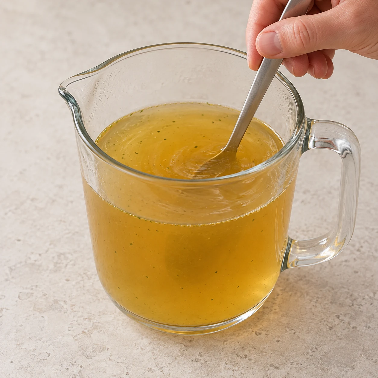 Un cube de bouillon de légumes en cours de dissolution dans un pichet résistant à la chaleur contenant 500 ml d’eau ; aucune autre nourriture.