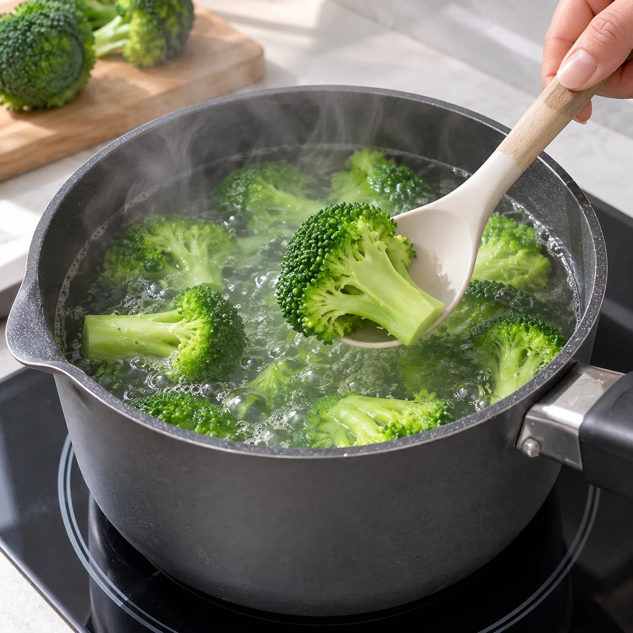 Cuire le brocoli. Les fleurons sont verts et les tiges cèdent sous une pression légère.