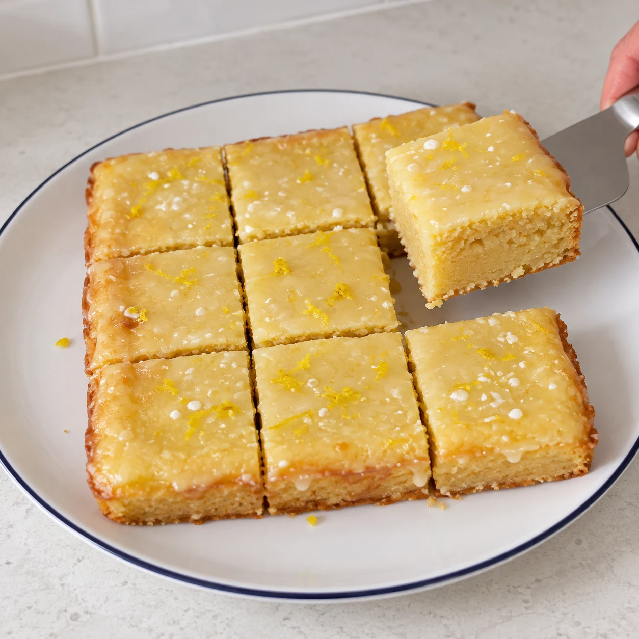 Un brownie citronné glacé découpé en neuf carrés, l’un soulevé pour montrer sa mie dense.