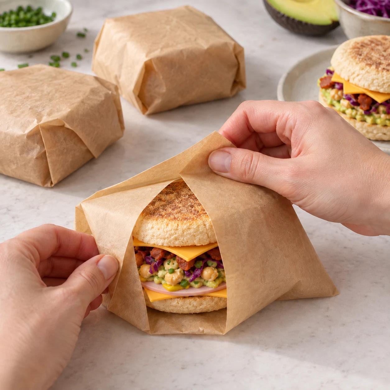 Mains anonymes pliant du papier cuisson brun uni autour d’un sandwich muffin fermé, sans marque ni texte.