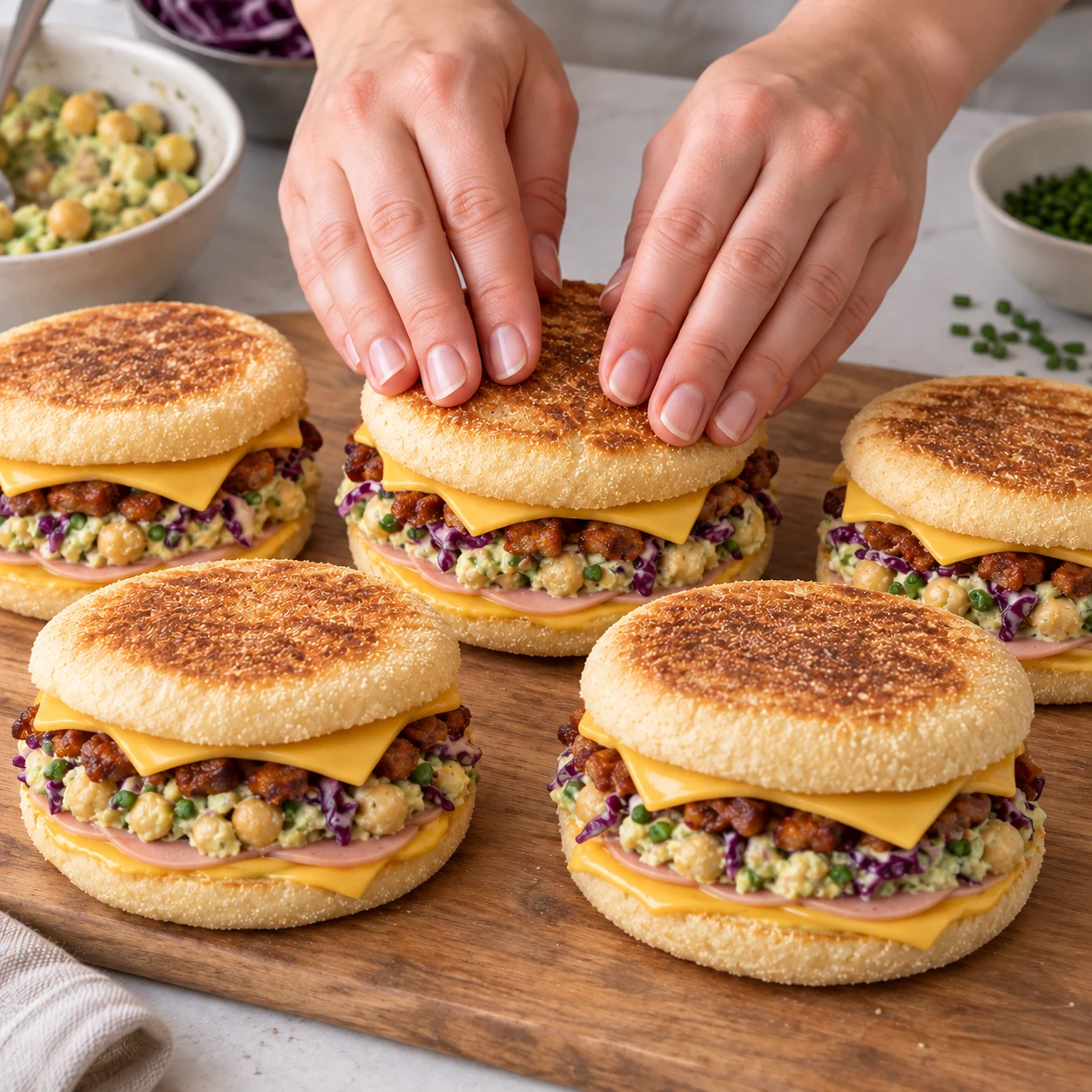 Mains adultes anonymes refermant délicatement un muffin anglais grillé garni de fromage végétal, jambon végétal, farce aux pois chiches et lardons fumés.