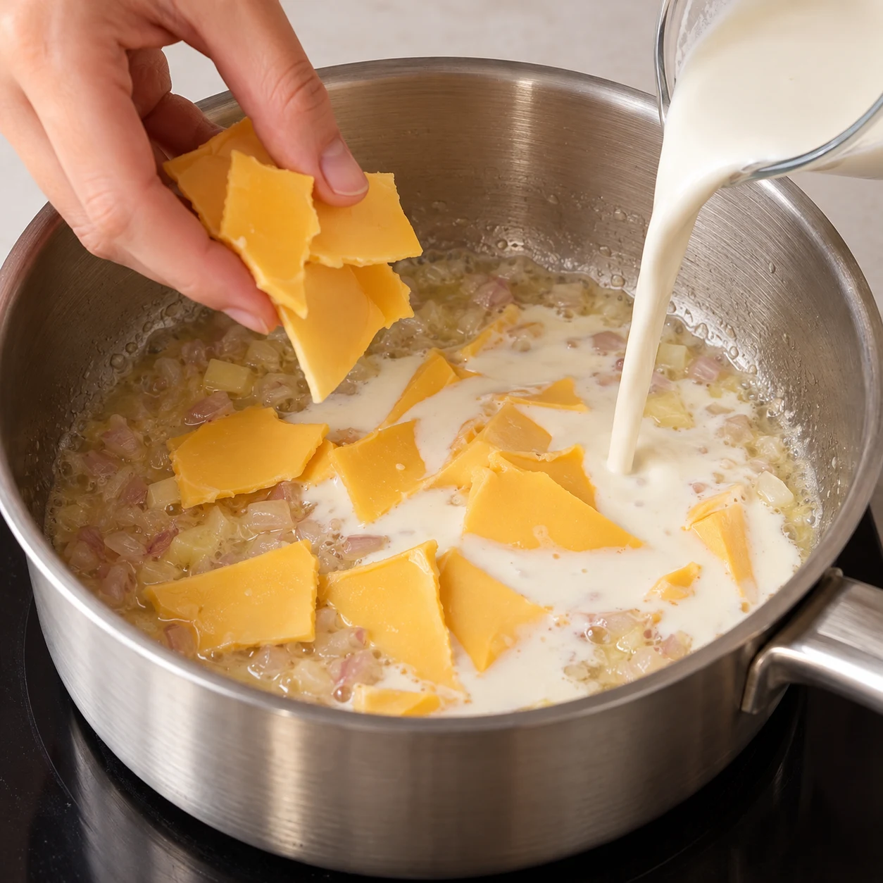 Tranches végétales jaune-orangé et crème de soja dans une casserole, aucun fromage laitier.