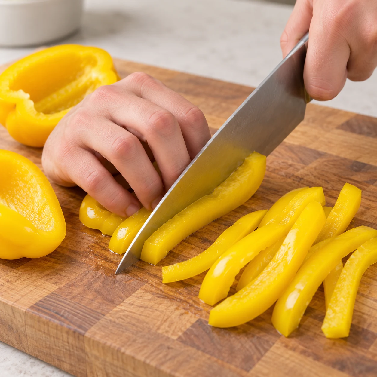 Poivron coupé en lanières sur une planche en bois, couteau de chef tranchant le poivron, main adulte anonyme en griffe.