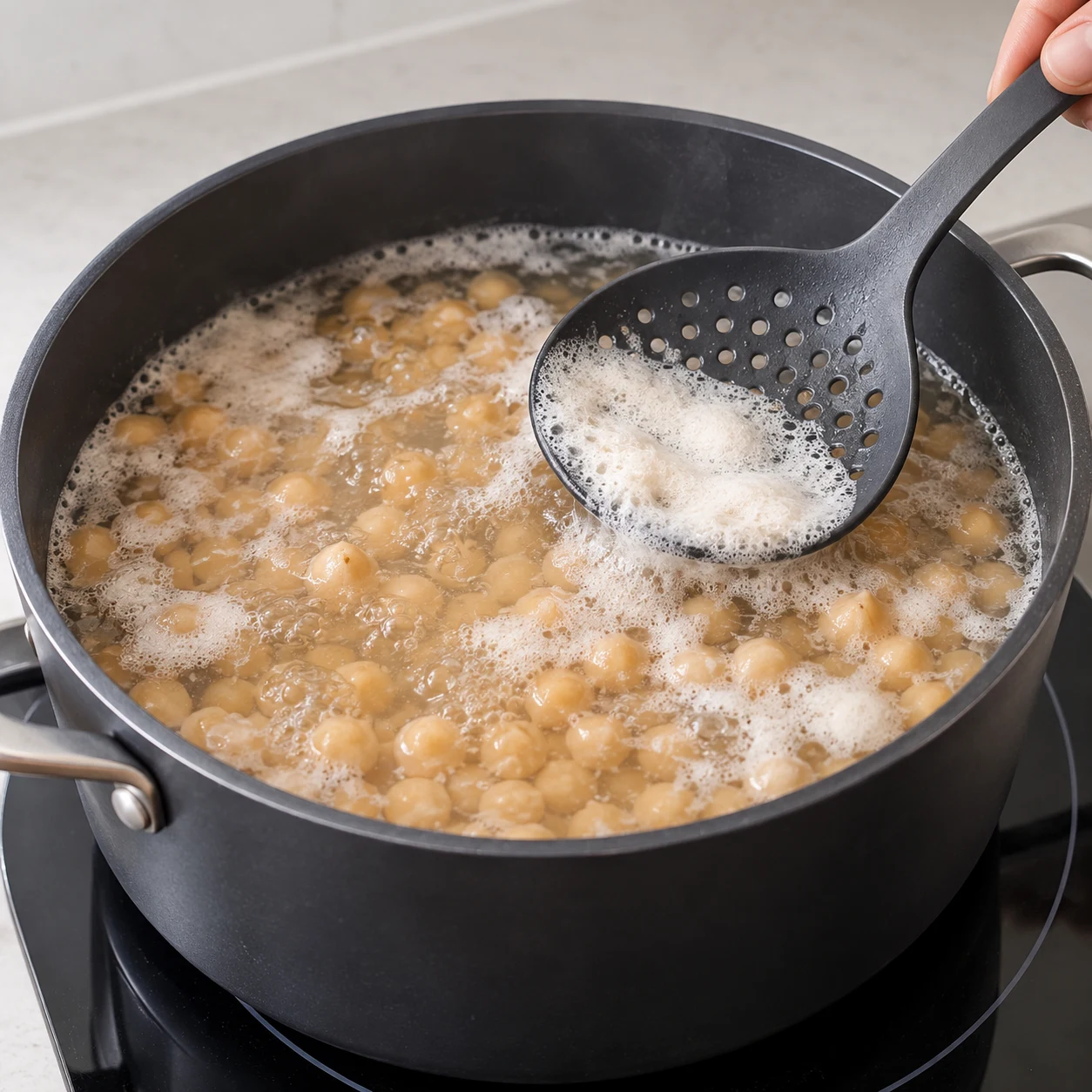 Mettre les pois chiches dans une casserole, les couvrir d’eau fraîche et les faire cuire à frémissement pendant 1 h 30 à 2 h en retirant la mousse en surface. Montrer seulement les ingrédients de cette phase, dans une mise en scène claire et anonyme.