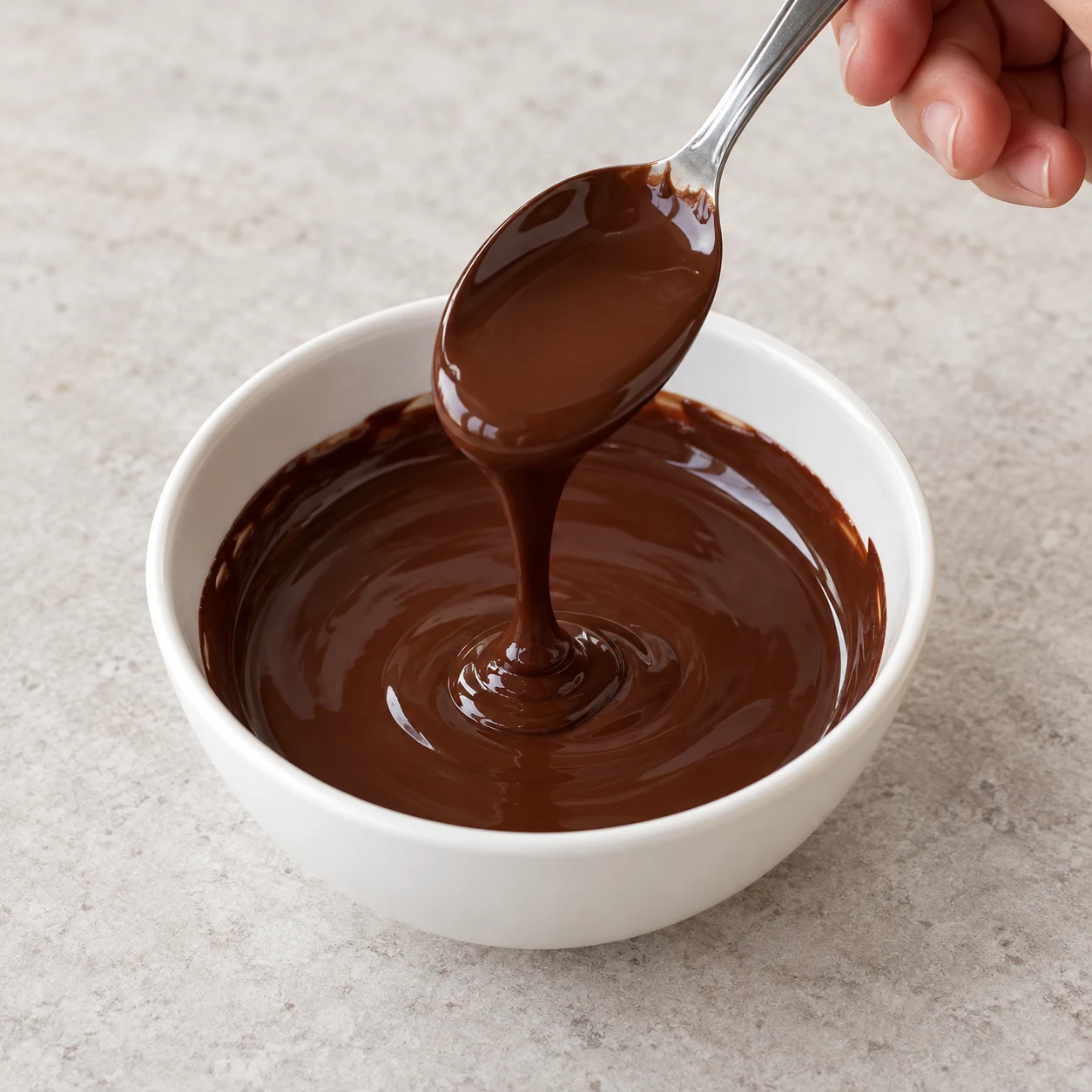 Chocolat noir fondu fluide dans un petit bol blanc.
