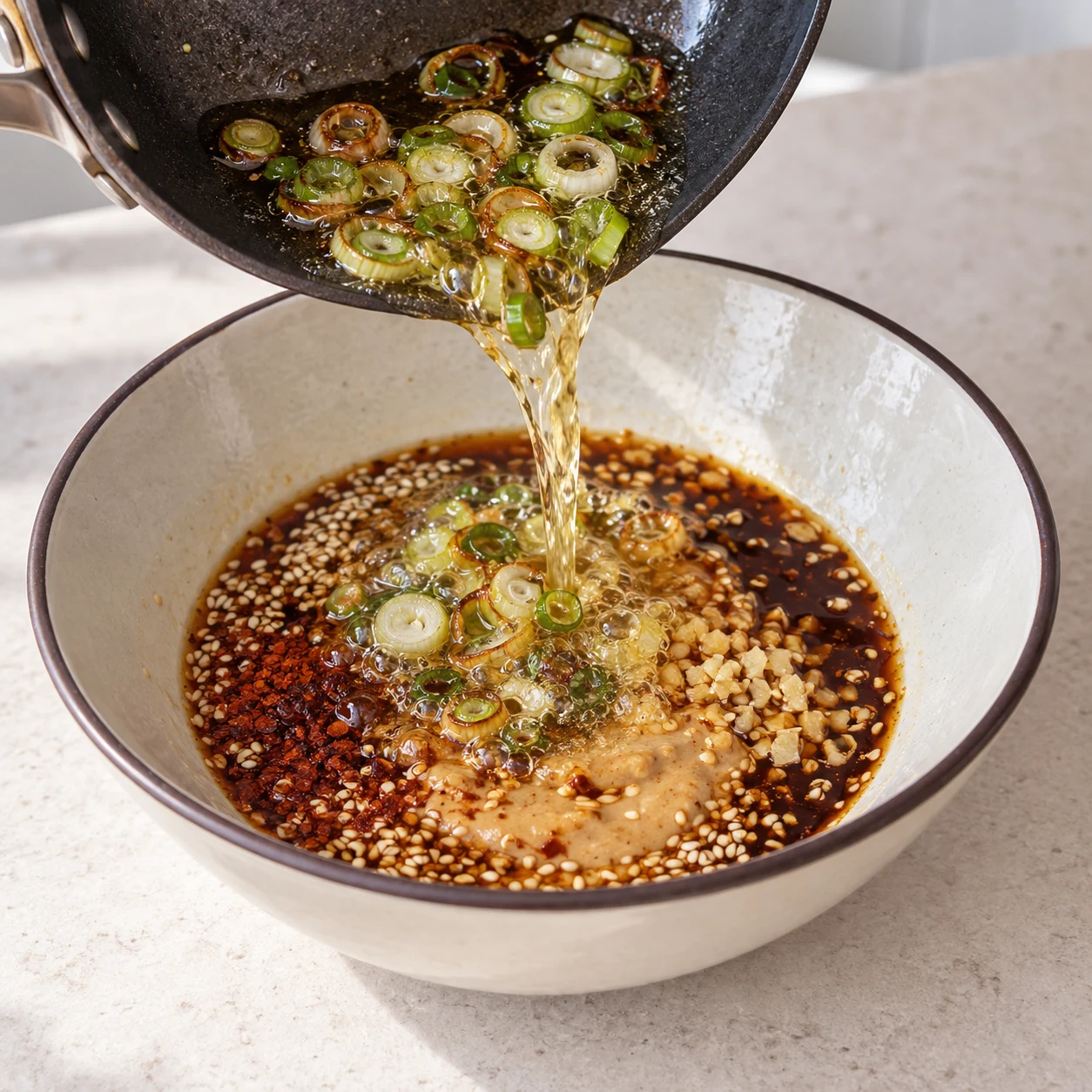 Petite poêle inclinée déversant huile et rondelles d’oignon dans le bol posé à plat contenant toute la base de sauce ; ni nouilles ni garniture finale.