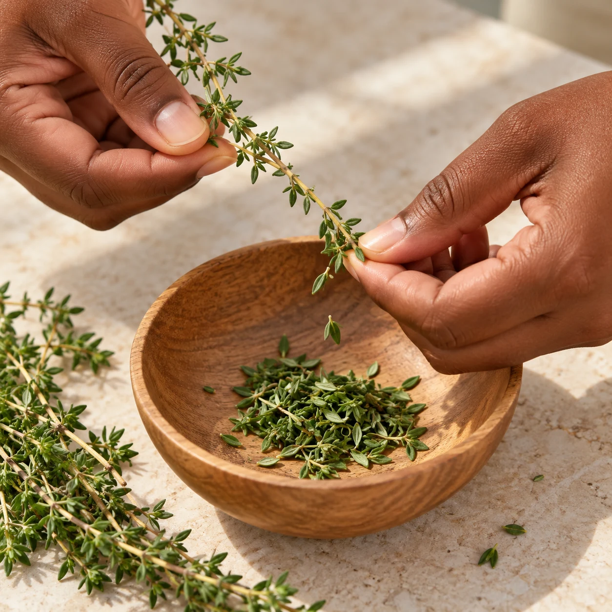 Mains anonymes détachent les petites feuilles d’un brin de thym, aromate seul.