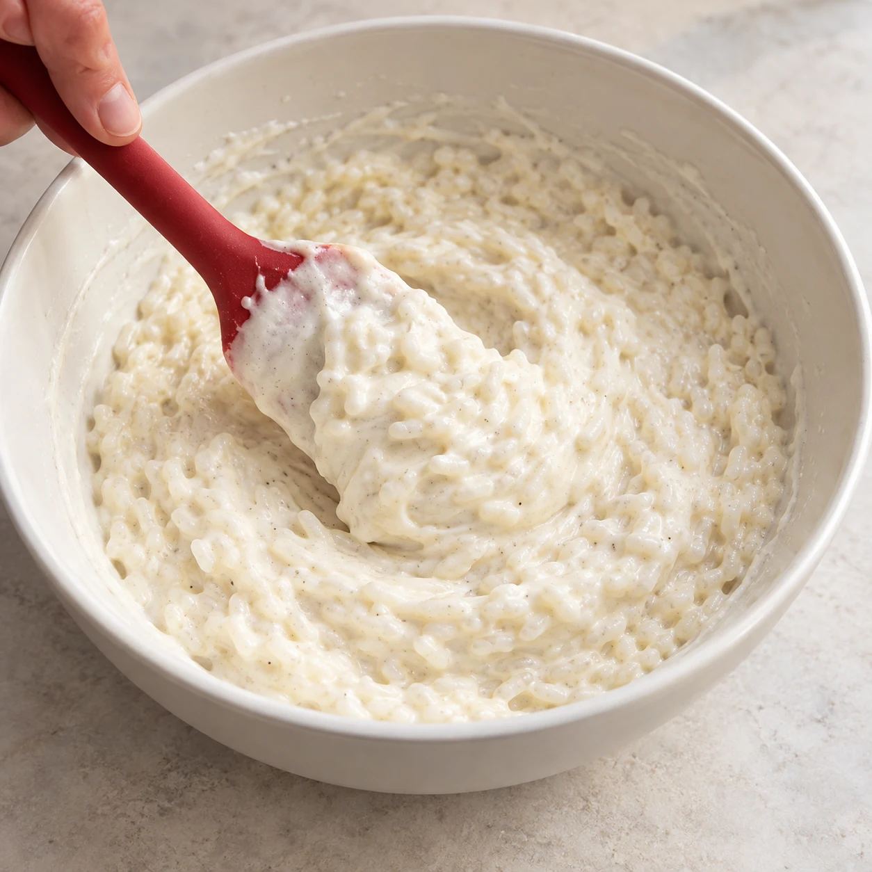 Mousse blanche de coco incorporée délicatement au riz vanillé.