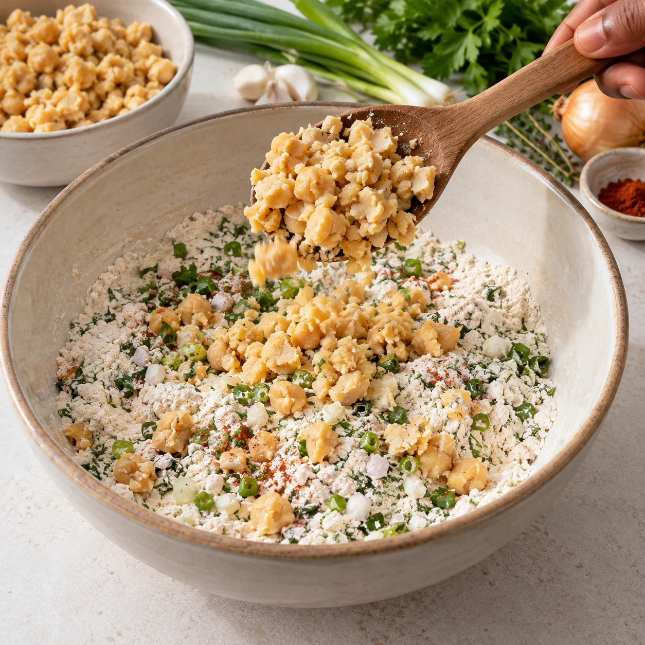 Une cuillère ajoute des pois chiches écrasés beige dans le bol de farine sèche et d’aromates, pas de poisson ni de tofu.