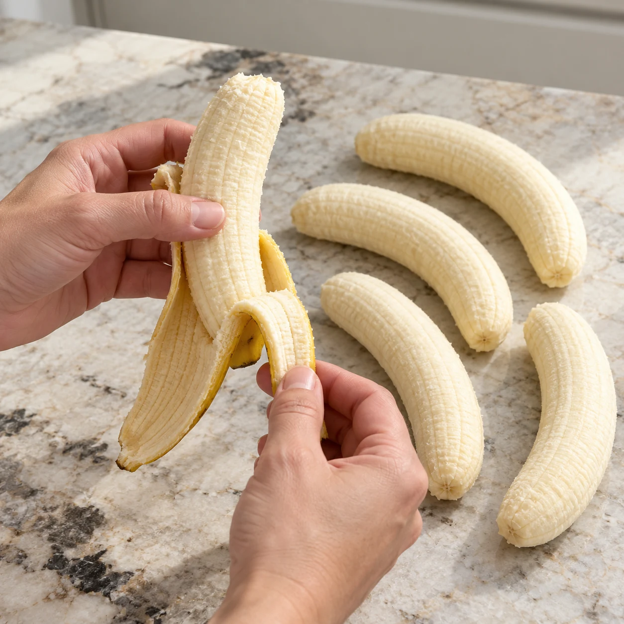 Une main adulte anonyme retire la peau d’une banane mûre, les autres bananes sur le plan de travail.
