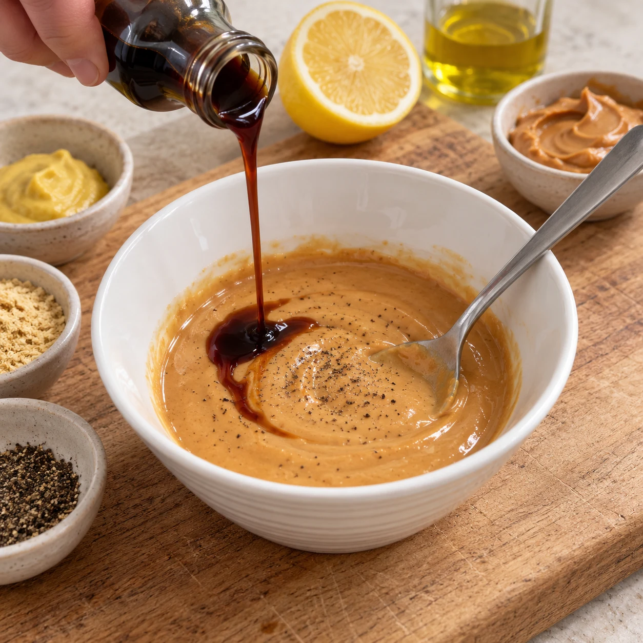 Bol blanc sur une planche en bois contenant une sauce cacahuète beige caramel, filet de sauce soja sucrée versé dedans et cuillère posée dans le bol.