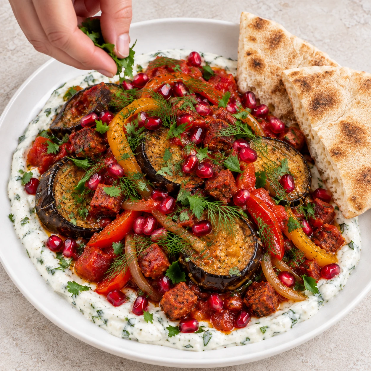 Une seule photo de l’action « Garnir pour le service », le plat garni et le pain pita sont prêts à être servis.