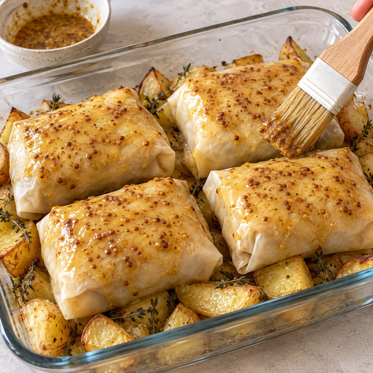 Pinceau sur une enveloppe de brick encore souple autour d’un pavé doré ; quatre pavés sur pommes de terre dans un plat en verre.
