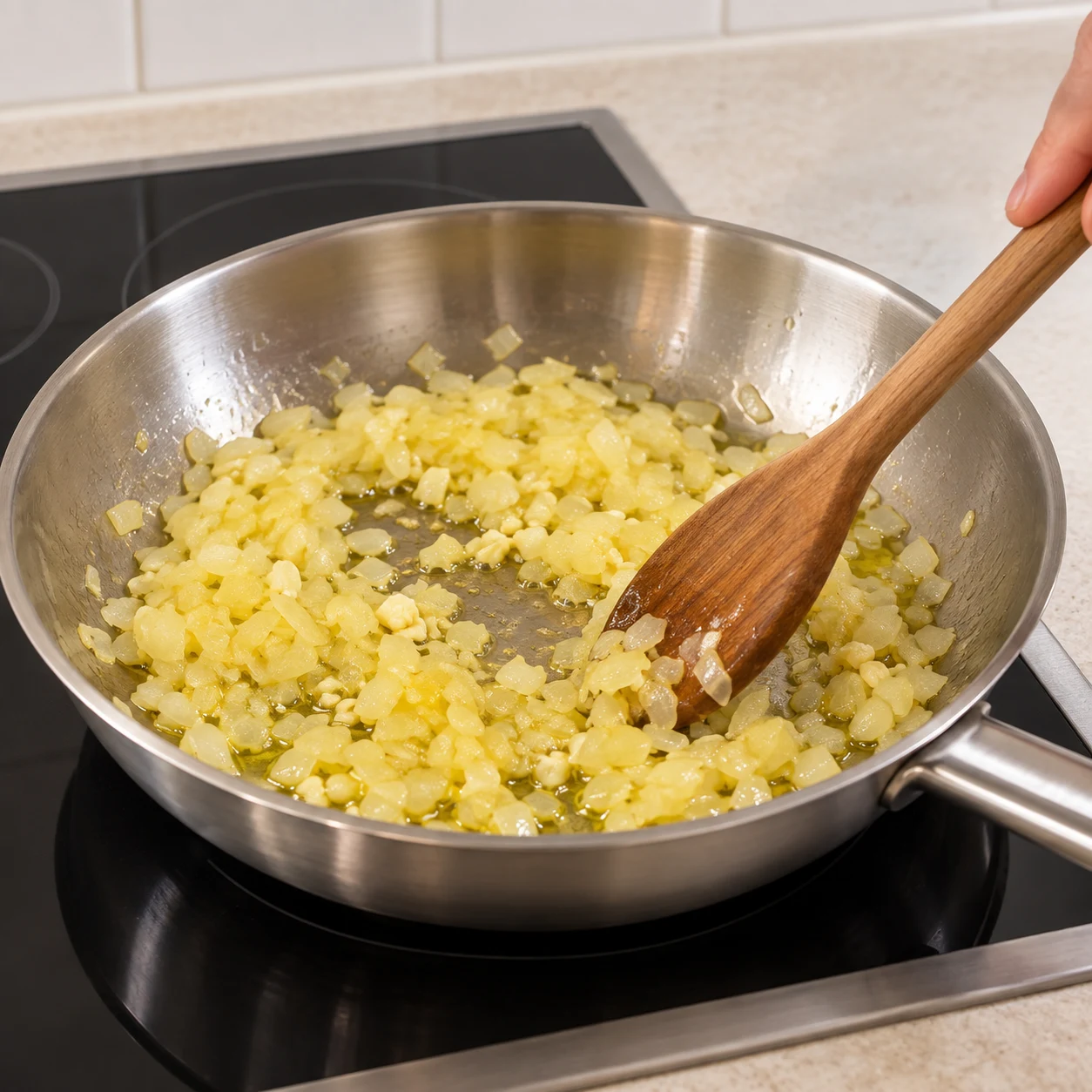 Une seule action : Faire revenir l’oignon et l’ail. L’oignon devient translucide et l’ail reste clair. Poêle neutre en inox quand la cuisson est montrée. Aucun ingrédient futur.