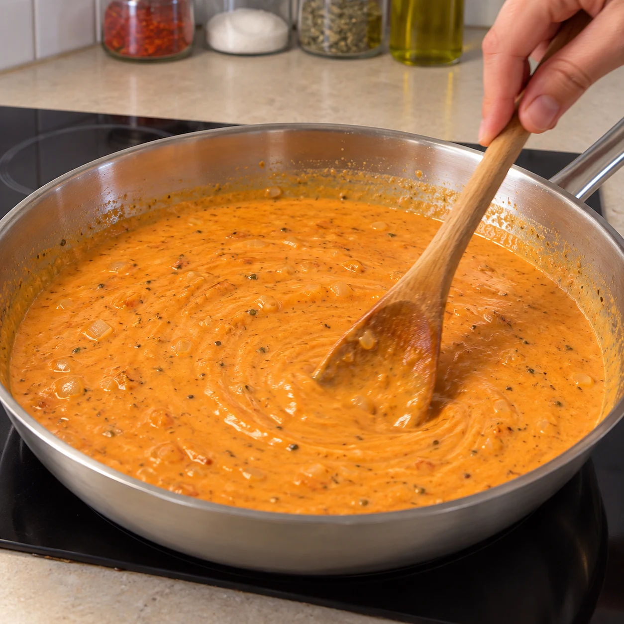Une seule action : Mélanger la sauce. La sauce est uniformément orangée. Poêle neutre en inox quand la cuisson est montrée. Aucun ingrédient futur.