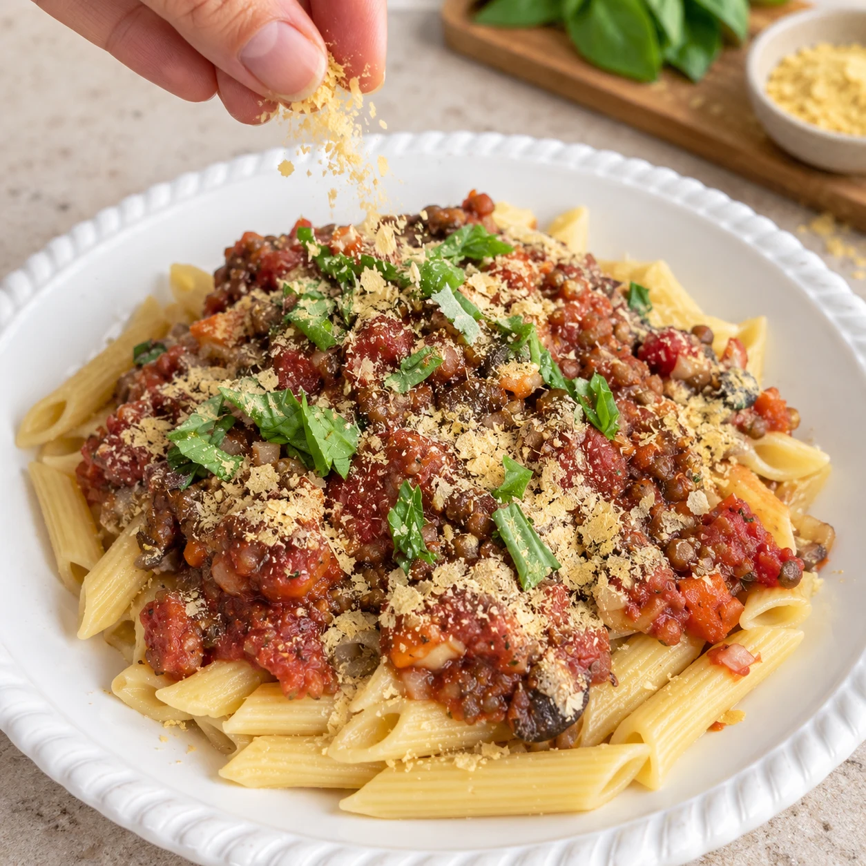 Saupoudrage de levure maltée en flocons sur les pâtes bolognaise garnies de basilic frais, main adulte anonyme.