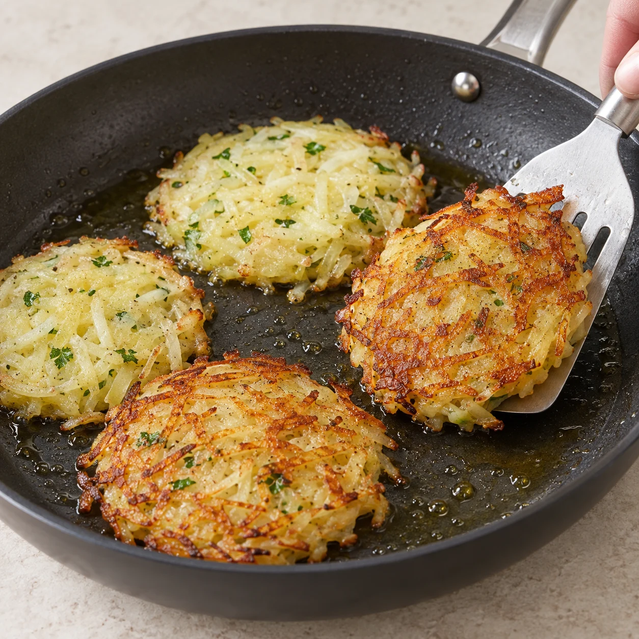 Spatule retournant une petite galette compacte dans la poêle huilée, face dorée visible.