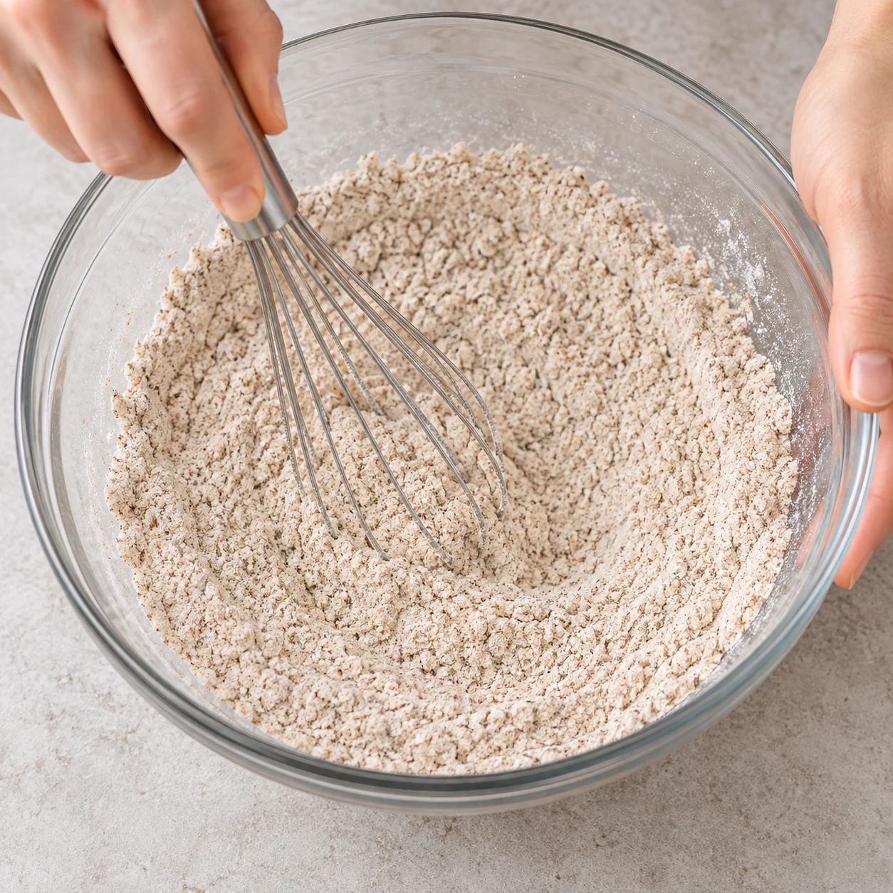 Main anonyme mélangeant au fouet dans un saladier transparent les poudres fines beige clair, pas encore de liquide ni de pomme.