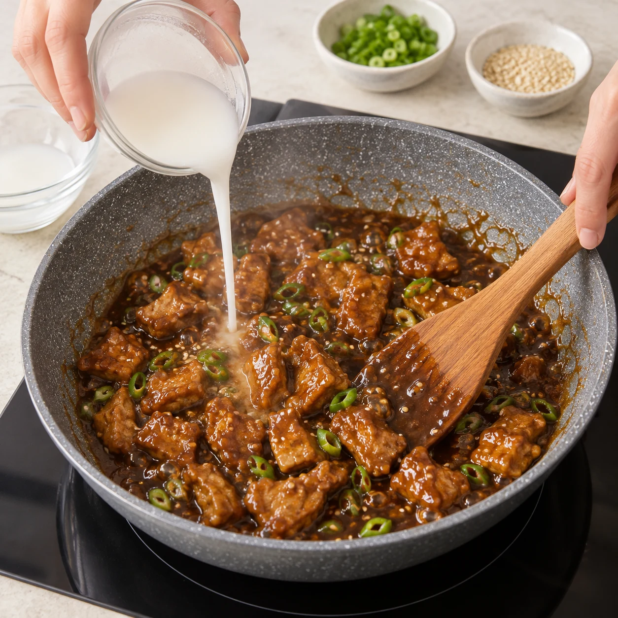 Incorporez la fécule diluée à la sauce dans la poêle et remuez jusqu’à ce qu’elle épaississe. La protéine est un steak de pois à texture hachée dense, brun rosé avant cuisson, brun doré après cuisson, en morceaux irréguliers de l’épaisseur d’un steak ; jamais du tofu blanc.
