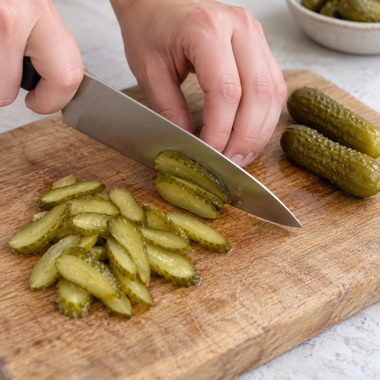Main adulte anonyme tranchant des cornichons au vinaigre en lamelles sur une planche stable avec une prise sûre ; aucun oignon.