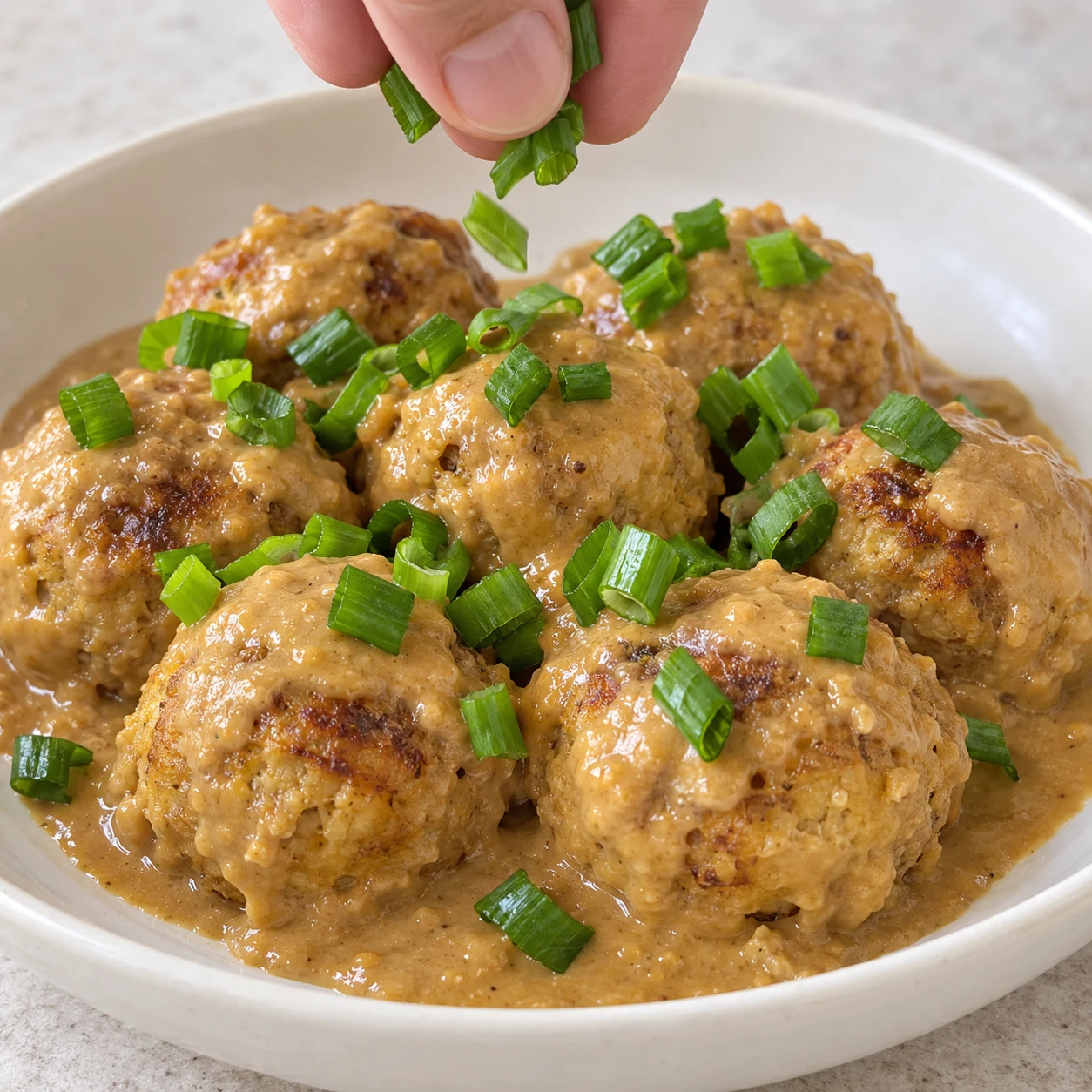 Boulettes dorées nappées de sauce cacahuète, vert d’oignon nouveau ajouté, aucun sésame ni accompagnement.