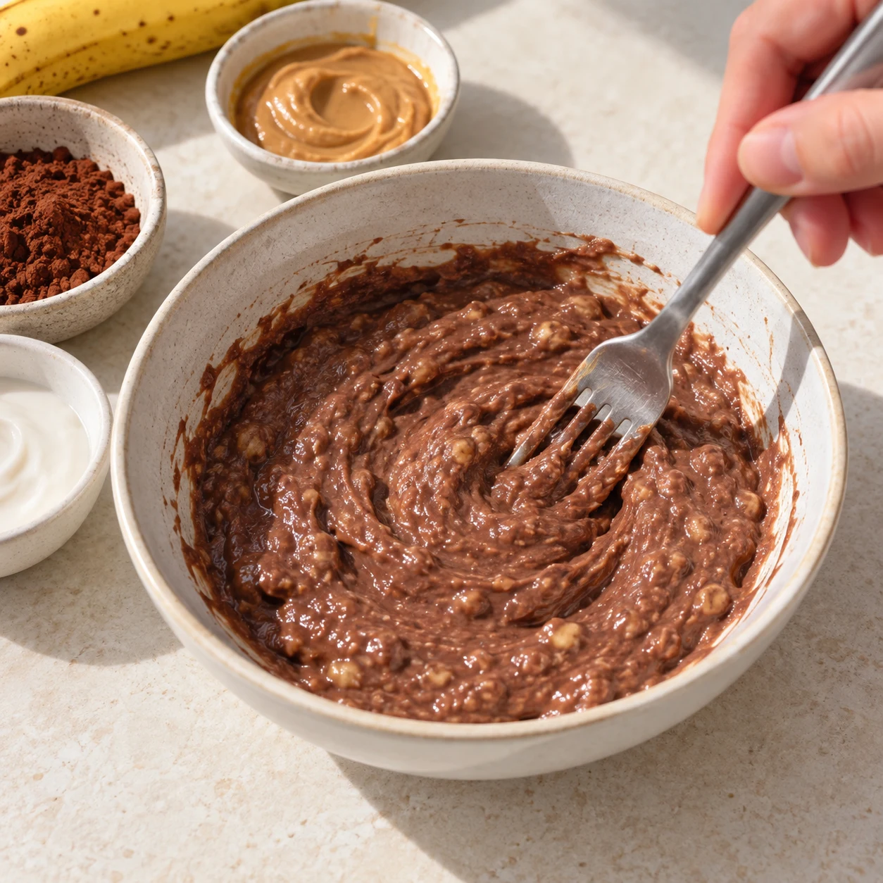 Fourchette mélangeant une pâte brune humide et épaisse dans un bol clair, avec de petites irrégularités de banane.