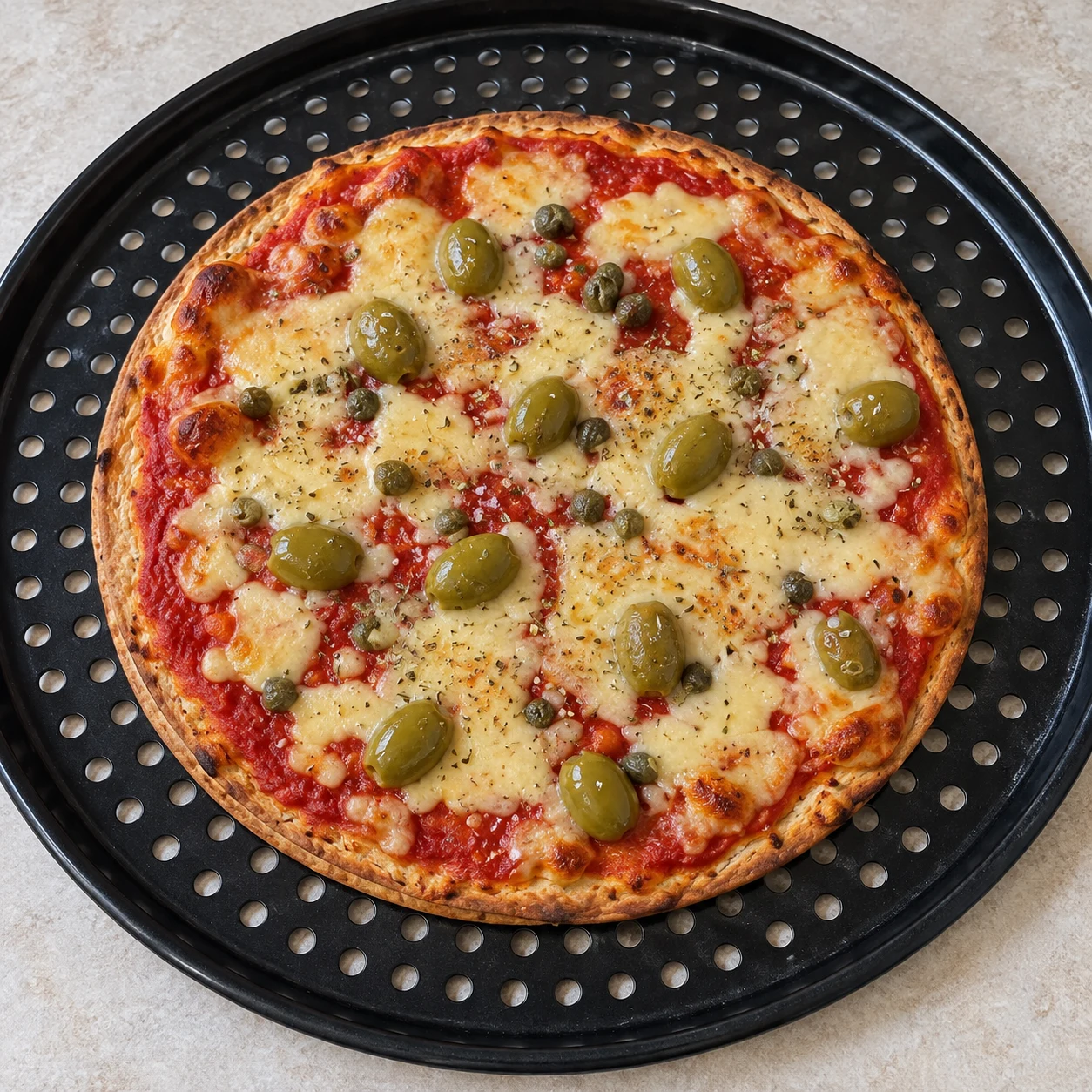 Pizza à deux tortillas dorées, fromage végétal jaune pâle ramolli en plages, tomate, câpres et olives vertes sur plaque perforée, sans mains.