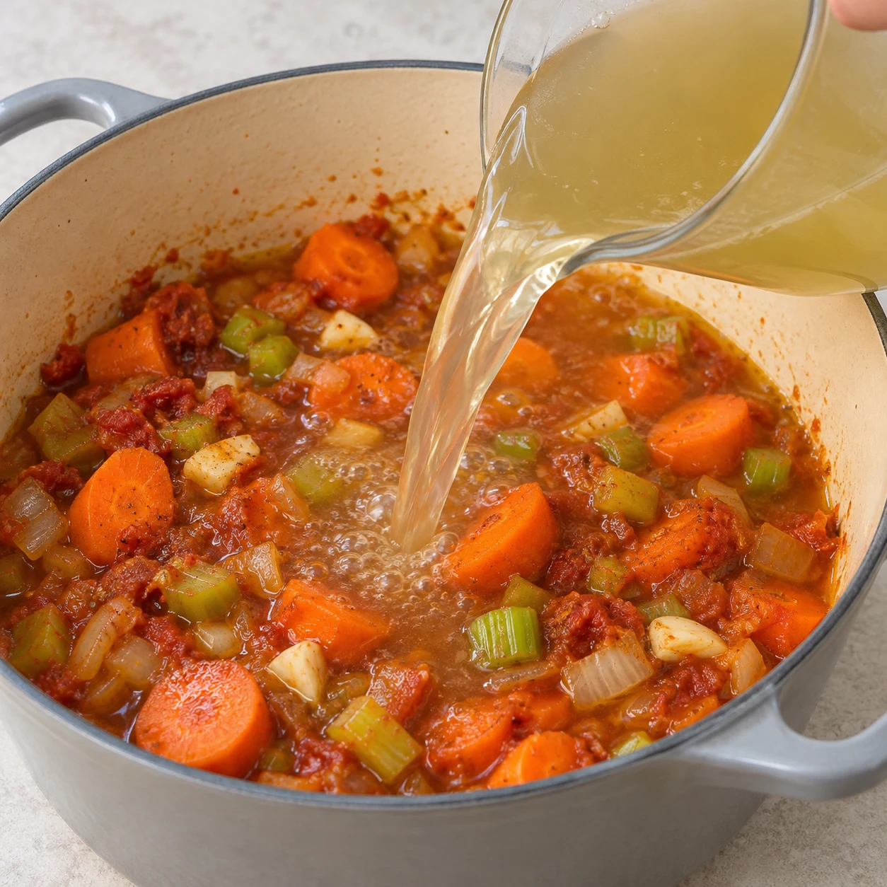 Pichet versant le bouillon clair sur les légumes.