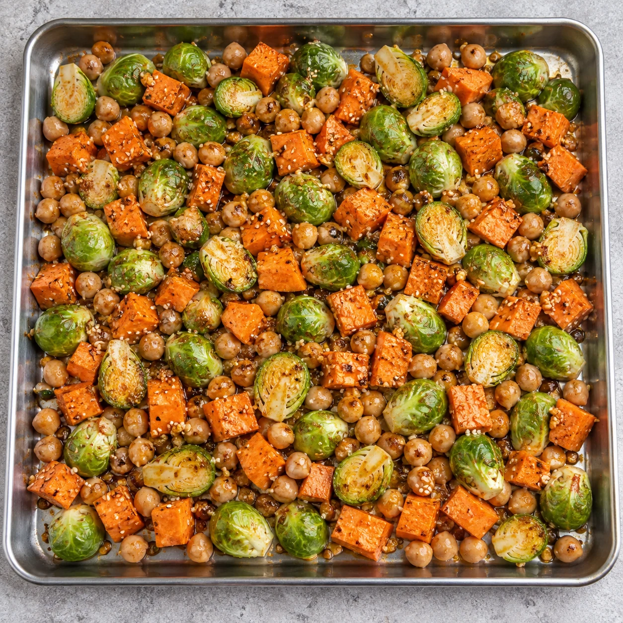 Main mélangeant les légumes crus et les pois chiches avec la marinade au paprika et sésame sur plaque inox.