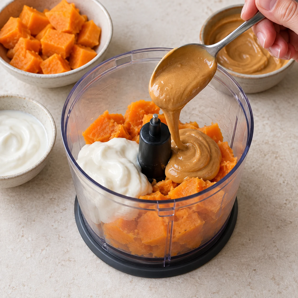 Ajoute les 30 g de purée de cacahuète lisse à la place de la whey ; cette adaptation apporte un goût cacahuète et ne reproduit pas sa teneur en protéines. Montrer seulement les ingrédients déjà introduits dans cette étape, mains adultes anonymes si utiles, pierre pâle et lumière naturelle, aucune personne identifiable ni texte.