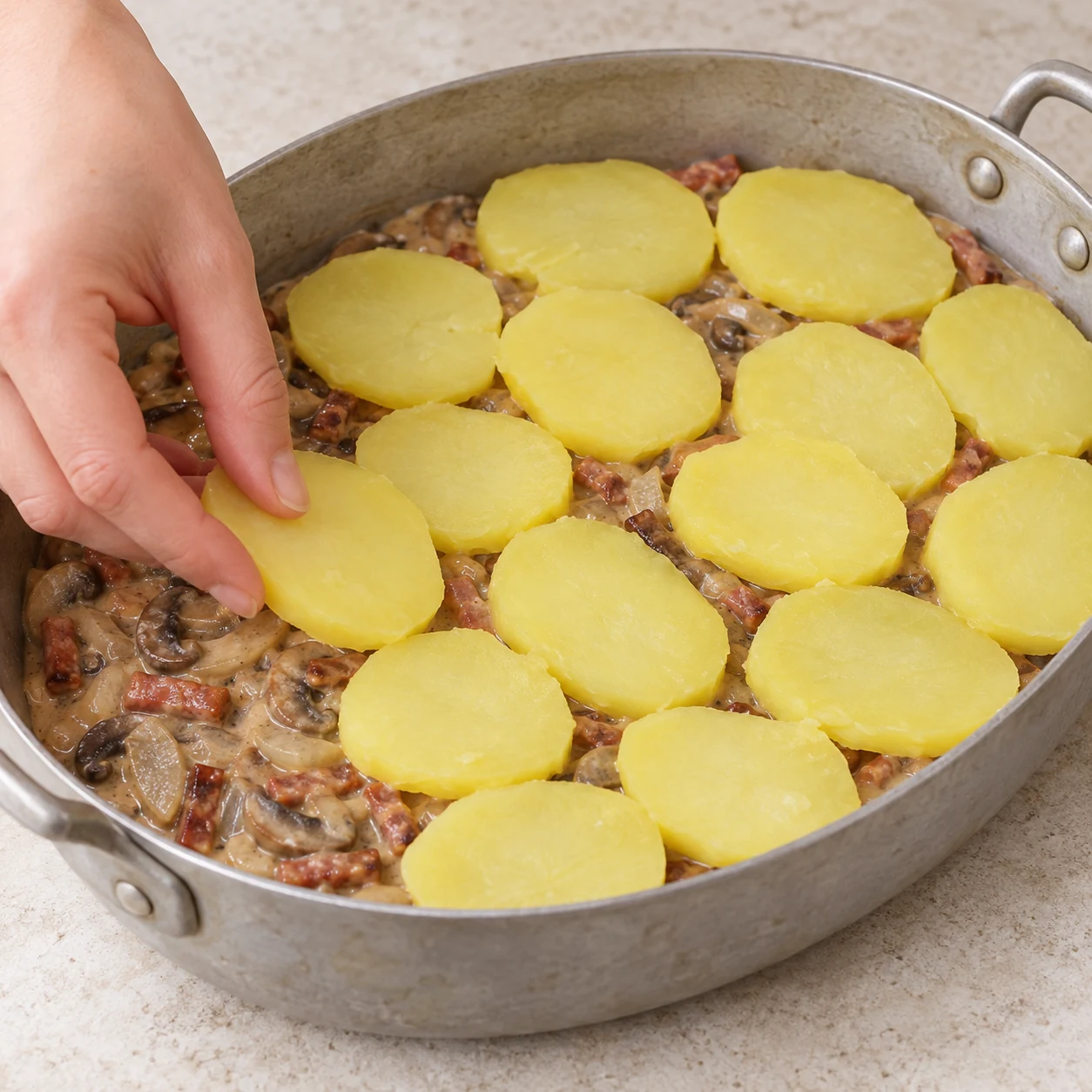 Une seule action : Disposer les pommes de terre. Les tranches couvrent la première couche de sauce. Uniquement les ingrédients de cette phase : Pommes de terre, Oignon, Champignons de Paris, Lardons végétaux fumés, Huile végétale, Sauce soja salée, cassonade, Sirop d’érable, Fécule de maïs, Eau froide, Tahini blanc, Levure maltée. Allumettes végétales fumées rosées à base de soja ; jamais de tofu ni de miso. Sauce onctueuse brun clair au sésame, plus pâle que dans la source.