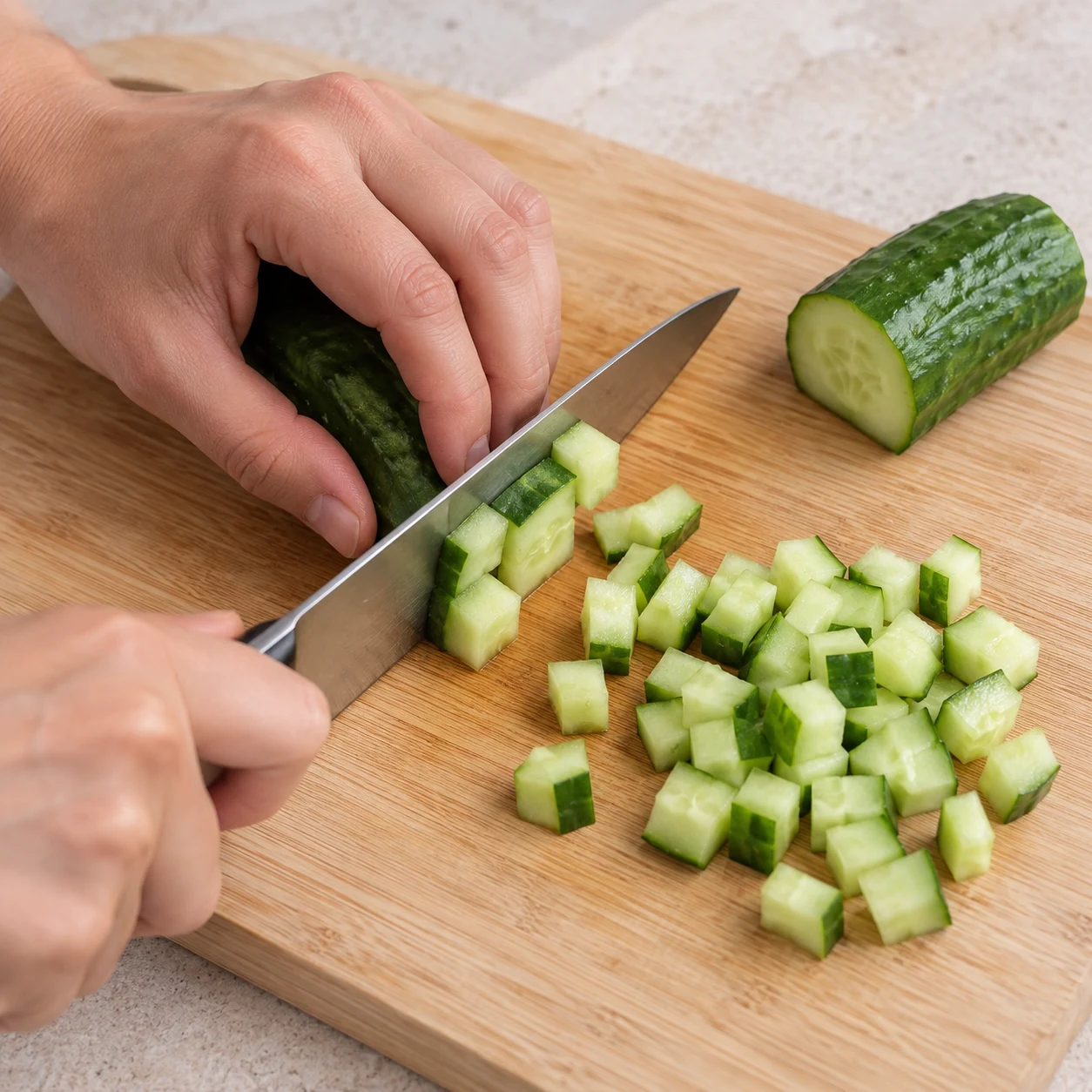 Dés de concombre vert pâle, coupe active sur planche.