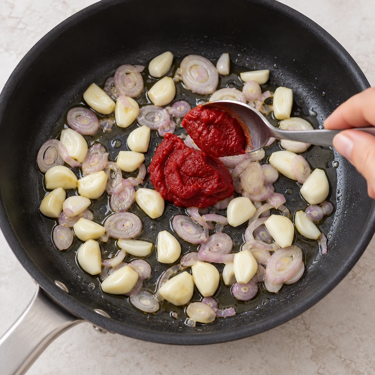 Dépose 1 cuillère à soupe de concentré de tomates dans la poêle. Le concentré est déposé parmi l’ail et les échalotes.