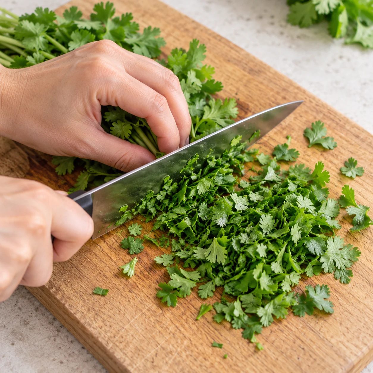 Coupe active et sûre d’un bouquet de coriandre fraîche ; le geste vient de la recette d’origine, la capture montre les feuilles déjà hachées.