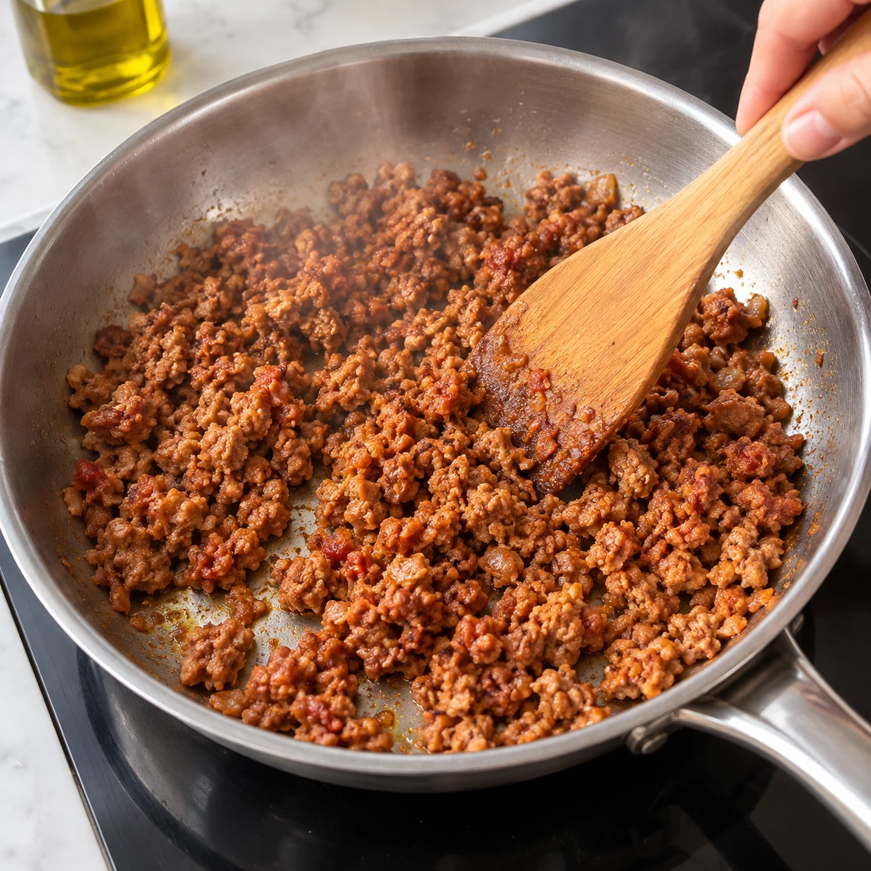 Dans une poêle avec un filet d’huile d’olive, faites revenir les 300 g de haché végétal. Séparez les morceaux à la spatule pour les faire dorer.