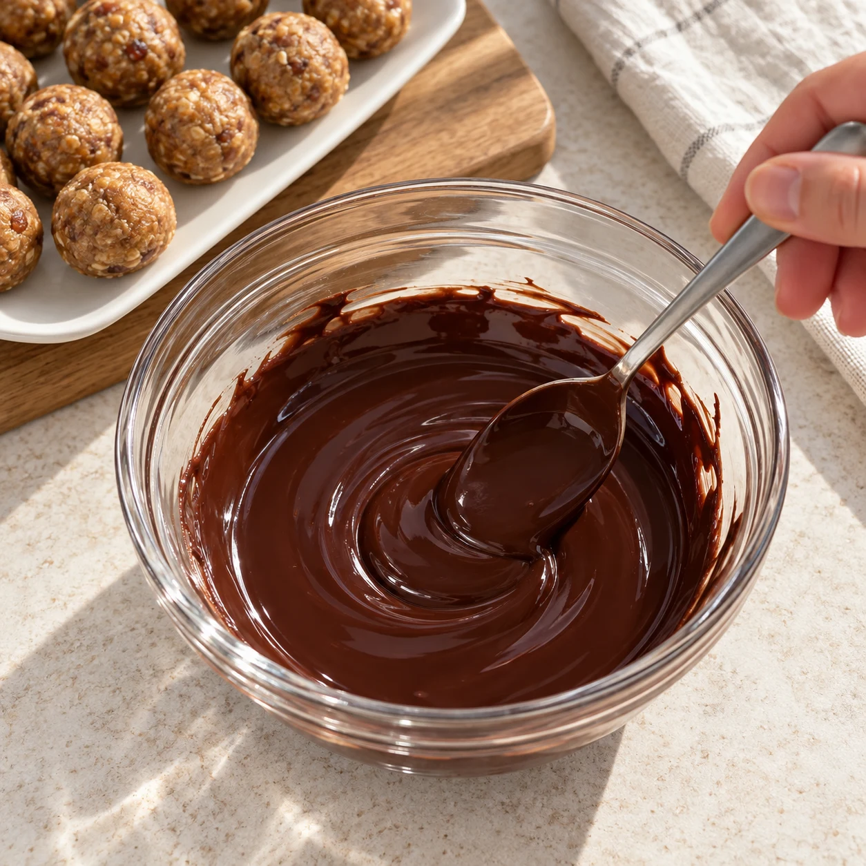 Bol en verre de chocolat noir fondu mélangé à l’huile, surface lisse brillante, cuillère tenue par une main anonyme ; boulettes non enrobées en arrière-plan.