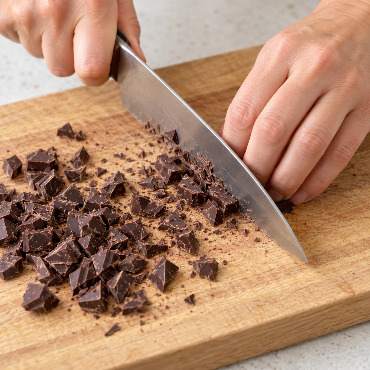 Une main anonyme coupe le chocolat noir en petits morceaux sur une planche ; texture du chocolat visible dans la capture.