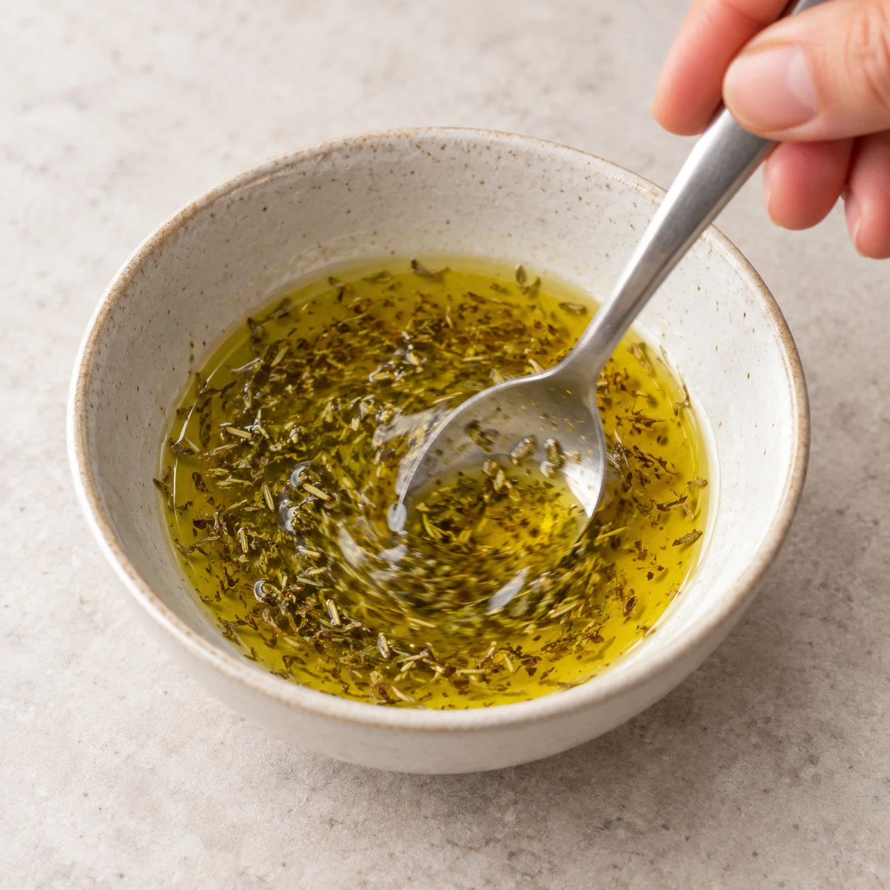 Petit bol d’huile d’olive avec quelques herbes séchées mélangées à la cuillère ; aucun autre aliment.