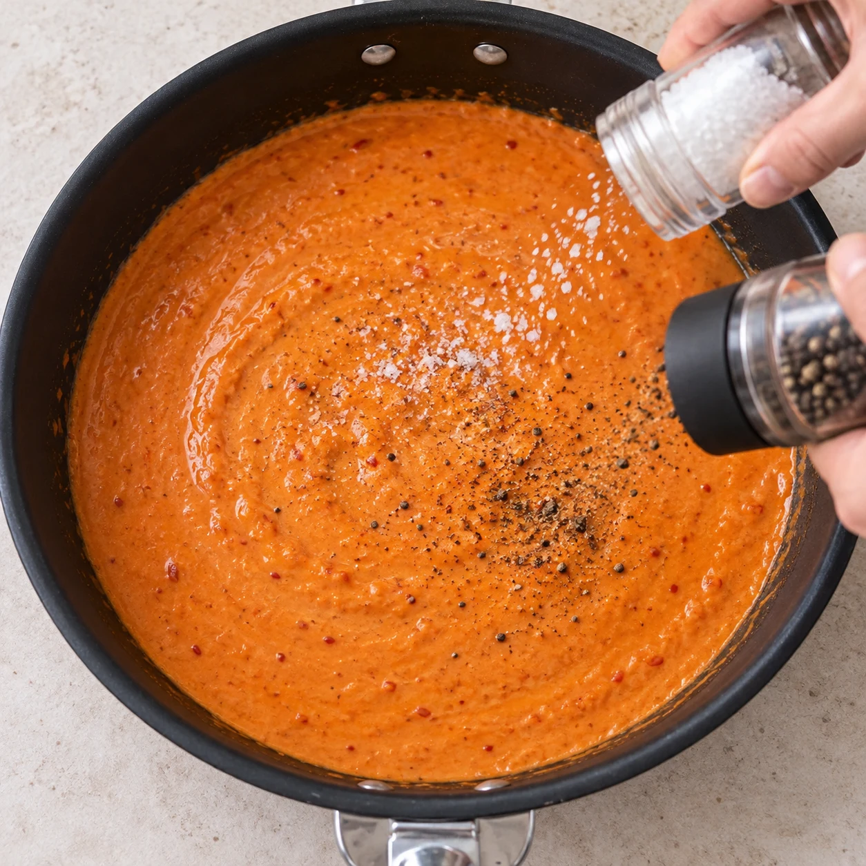 Assaisonne la sauce avec du sel et du poivre selon ton goût. Le sel et le poivre sont incorporés et l’assaisonnement est ajusté.