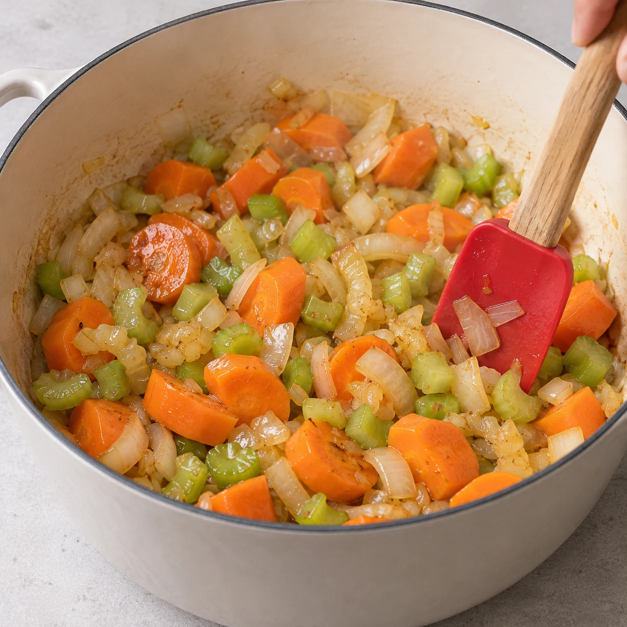 Légumes seuls en train de suer dans la cocotte, remués avec une spatule.