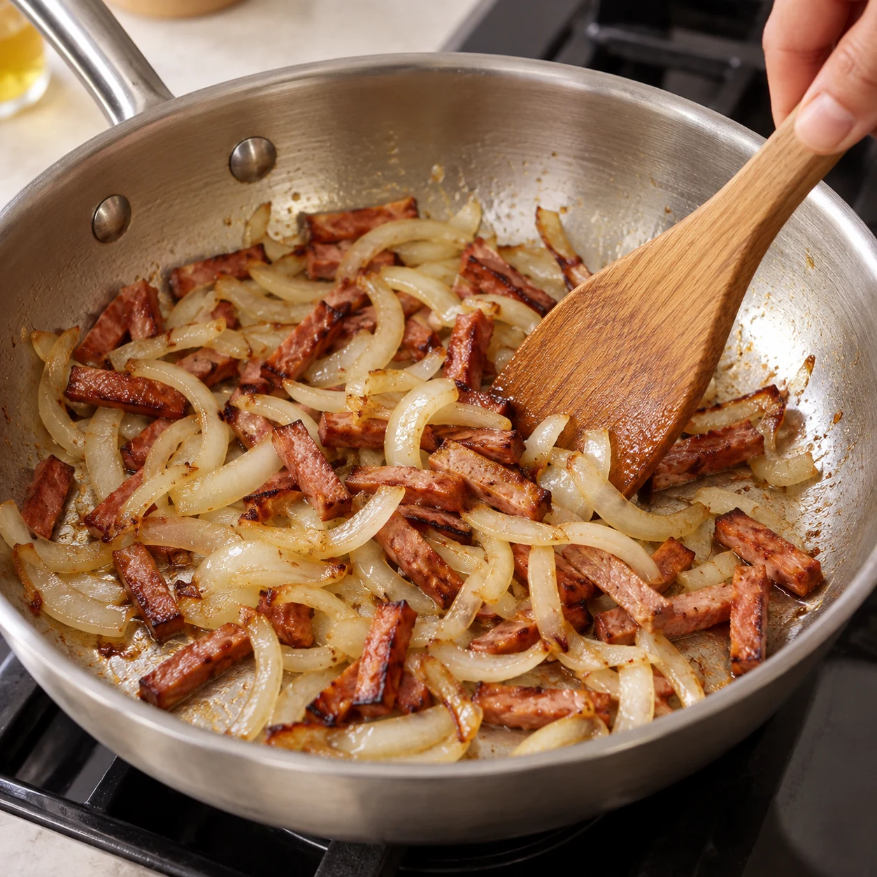 Une seule action : Faire dorer les lardons végétaux. Les lardons végétaux sont chauds et commencent à dorer. Uniquement les ingrédients de cette phase : Oignon, Huile végétale, Lardons végétaux fumés. Allumettes végétales fumées rosées à base de soja ; jamais de tofu ni de miso.