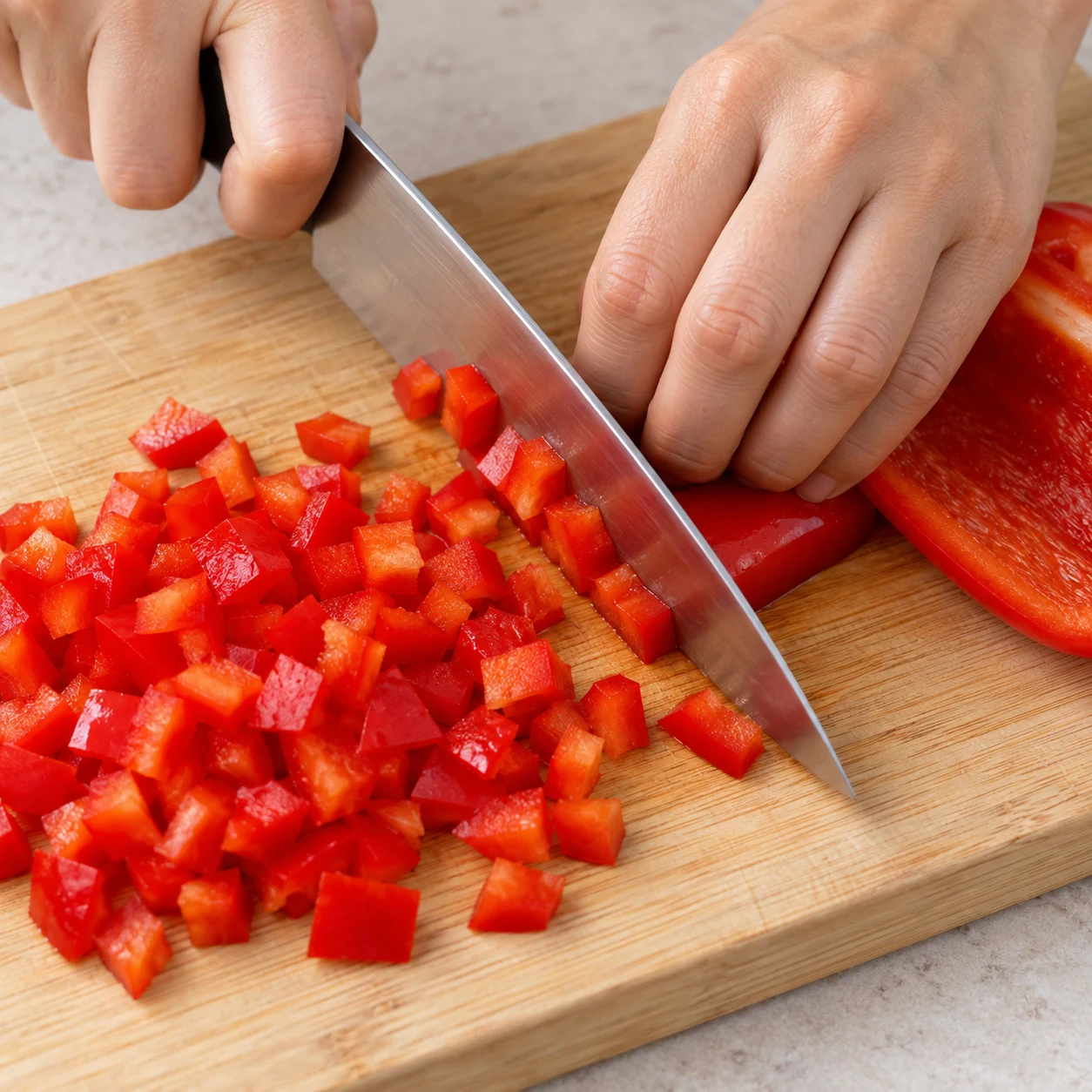 Émincez le demi-poivron rouge en petits morceaux, doigts repliés sur une planche stable. Montrer uniquement cette phase, sans texte ni personne identifiable ; soja cuisiné brun-rouge émietté, jamais viande rose.