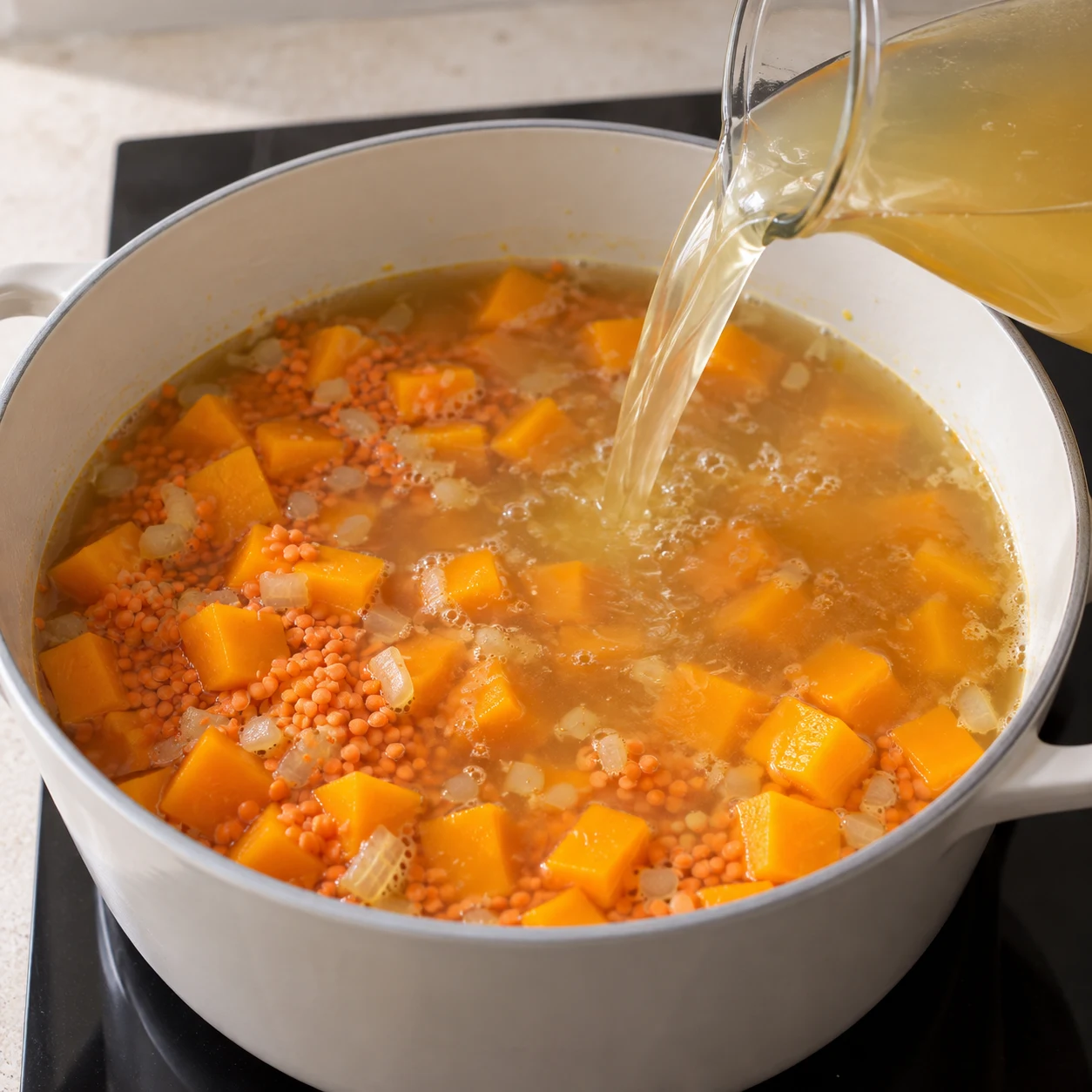 Bouillon clair reconstitué versé depuis une carafe neutre dans la cocotte de butternut et lentilles, avant les épices.