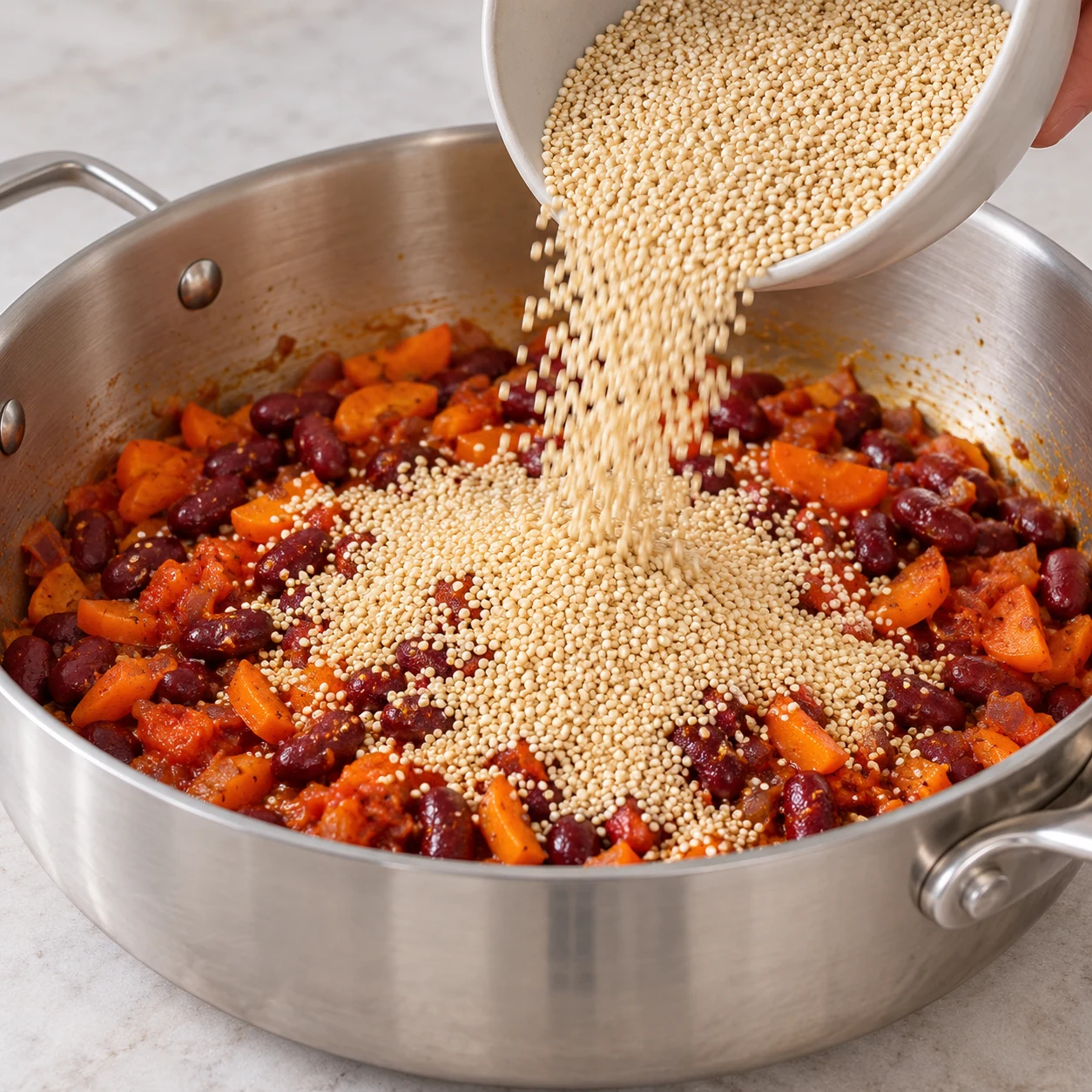 Petits grains de quinoa secs pâles ajoutés au mélange de carottes et haricots, pas de maïs.