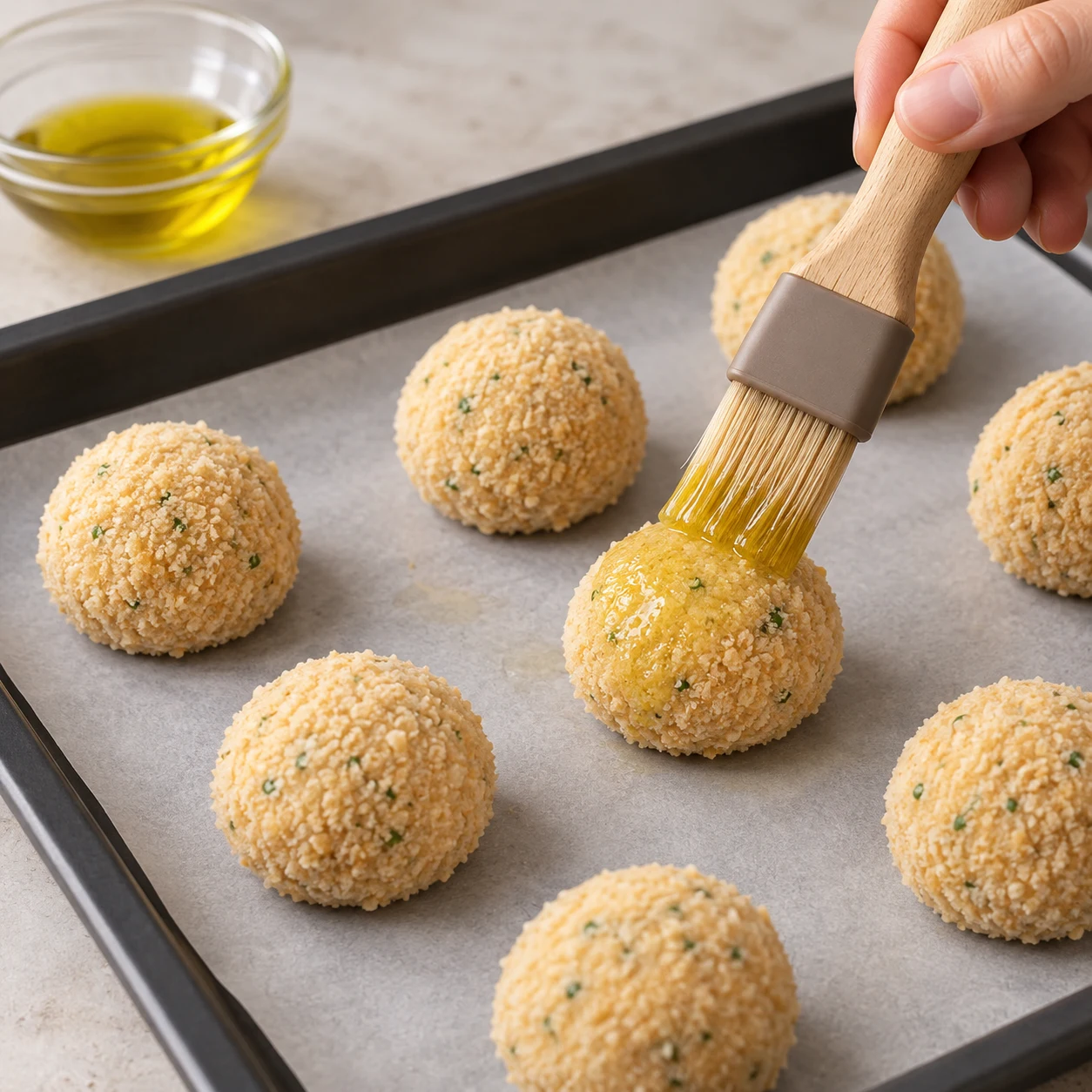 Une photographie carrée de cette seule action : Pose les croquettes sur une plaque et badigeonne-les d’huile. Résultat attendu : La surface des croquettes est badigeonnée d’huile. Seulement les ingrédients de cette étape. Aucun ingrédient futur ni garniture ajoutée, aucun texte ni personne identifiable. Mains adultes anonymes seulement pour le geste. Le cœur adapté est crémeux légèrement jaune, sans persillage bleu.