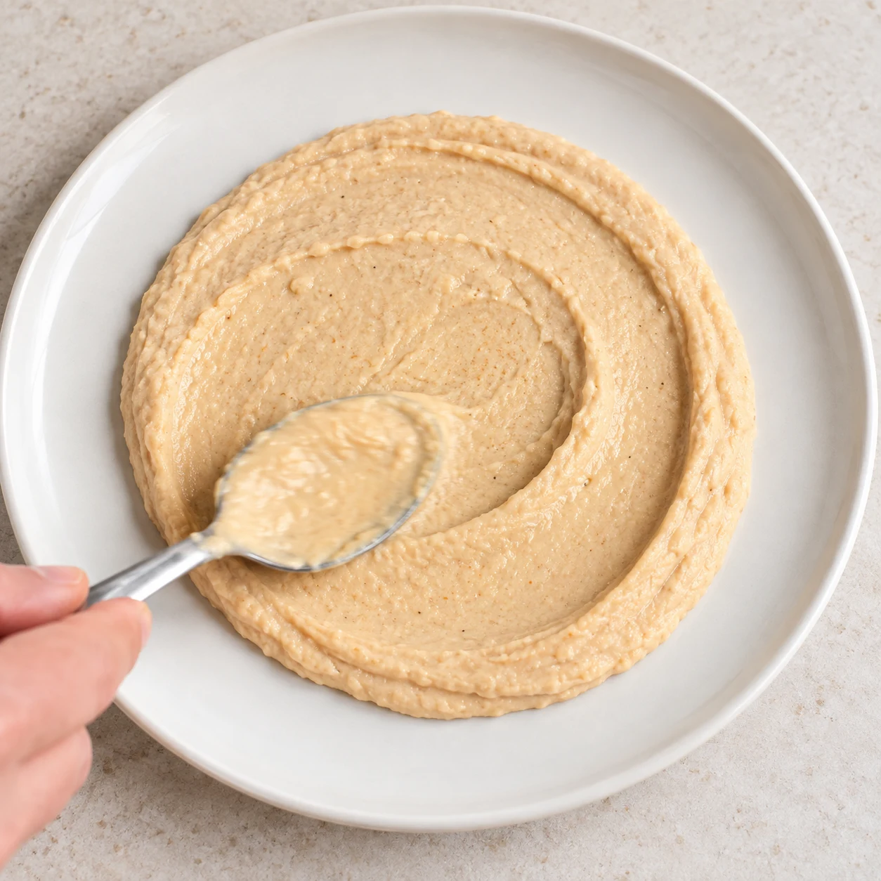 Cuillère étalant une crème beige orangée en disque dans une assiette céramique blanche.