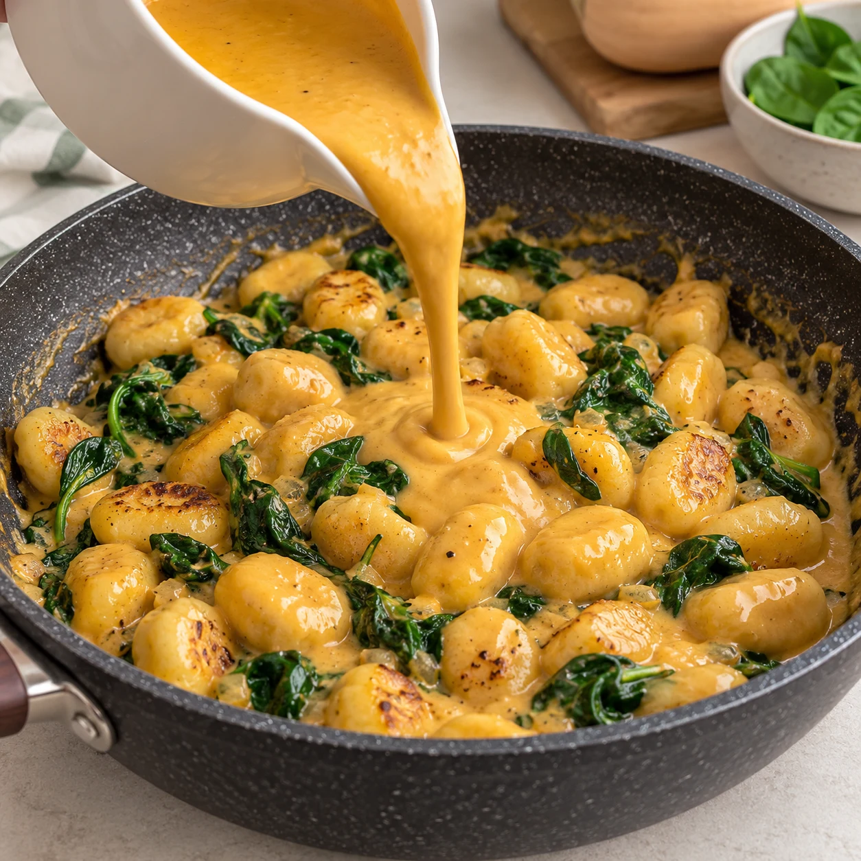 Verse la sauce de butternut sur les gnocchis et les épinards puis mélange pour les enrober.