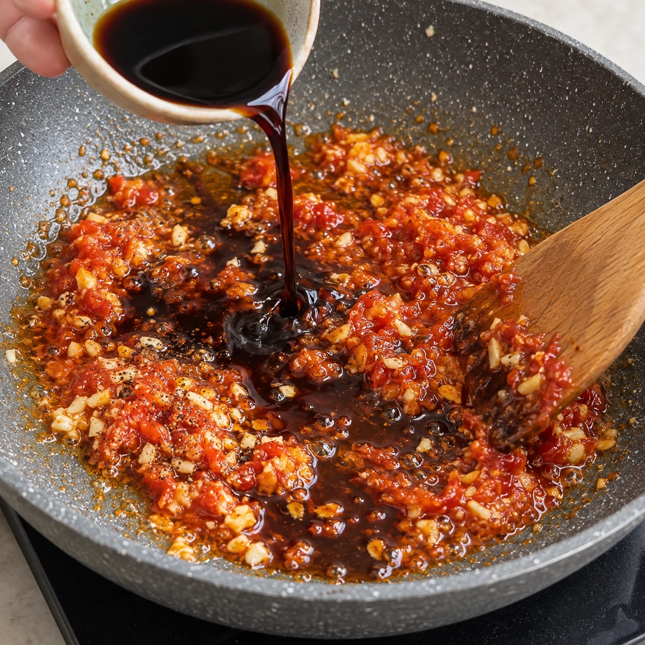 Verse la cuillère à soupe de sauce soja dans la poêle et remue pour déglacer. Une seule phase, sans texte ni personne identifiable. Pour la variante, montrer du tofu émietté et jamais des granulés secs, du doubanjiang ou des baies de Sichuan.